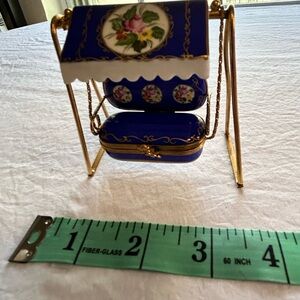 Blue Porcelain Trinket Box with Floral Design and swing